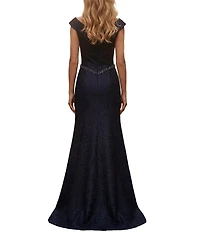 Terani Couture Shimmer Off-The-Shoulder V-Neck Gown