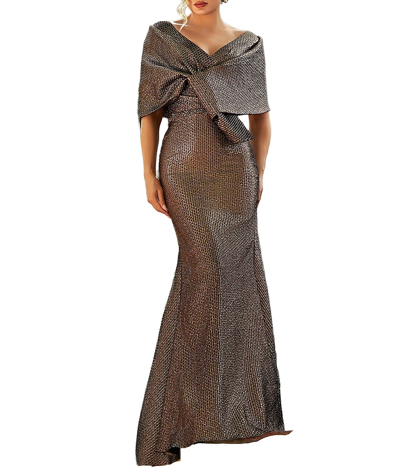 Terani Couture Shimmer Off-The-Shoulder V-Neck Gown