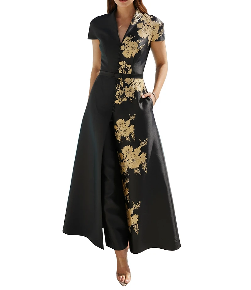 Terani Couture Short Sleeve Pant Suit With Overskirt