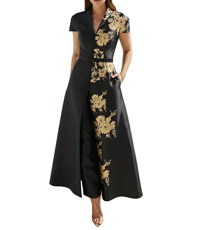 Terani Couture Short Sleeve Pant Suit With Overskirt