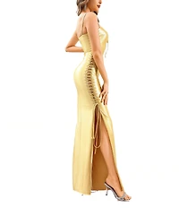 Terani Couture Sleeveless Ribbon Lace Front & Side Stretch Satin Column Gown