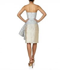 Terani Couture Strapless 3D Floral Applique Jacquard Sheath Dress