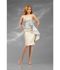 Terani Couture Strapless 3D Floral Applique Jacquard Sheath Dress