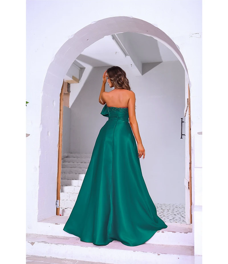 Terani Couture Strapless 3D Ruffle Front Shimmer Crepe Ballgown