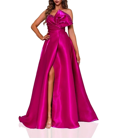 Terani Couture Strapless 3D Ruffle Front Shimmer Crepe Ballgown