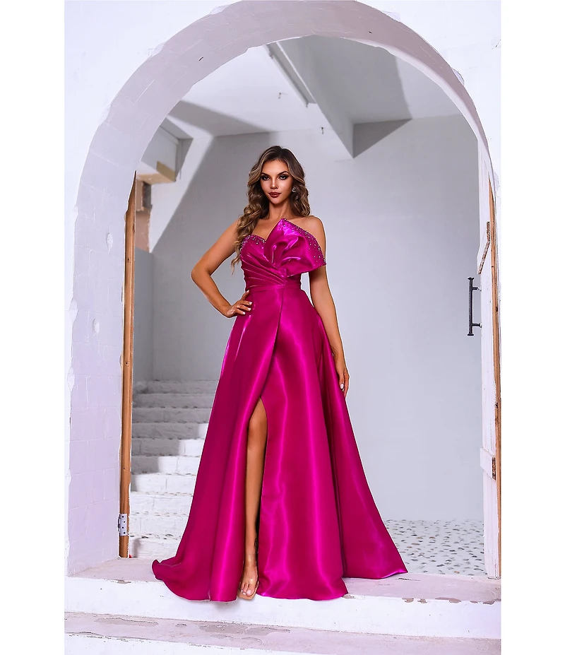 Terani Couture Strapless 3D Ruffle Front Shimmer Crepe Ballgown