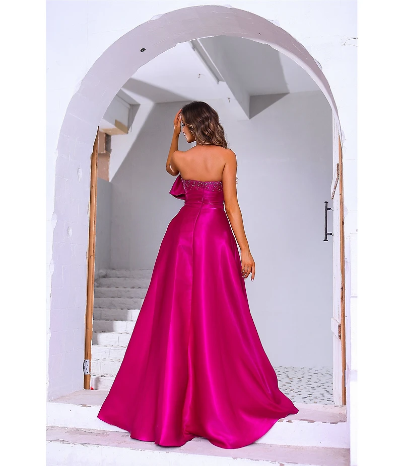 Terani Couture Strapless 3D Ruffle Front Shimmer Crepe Ballgown