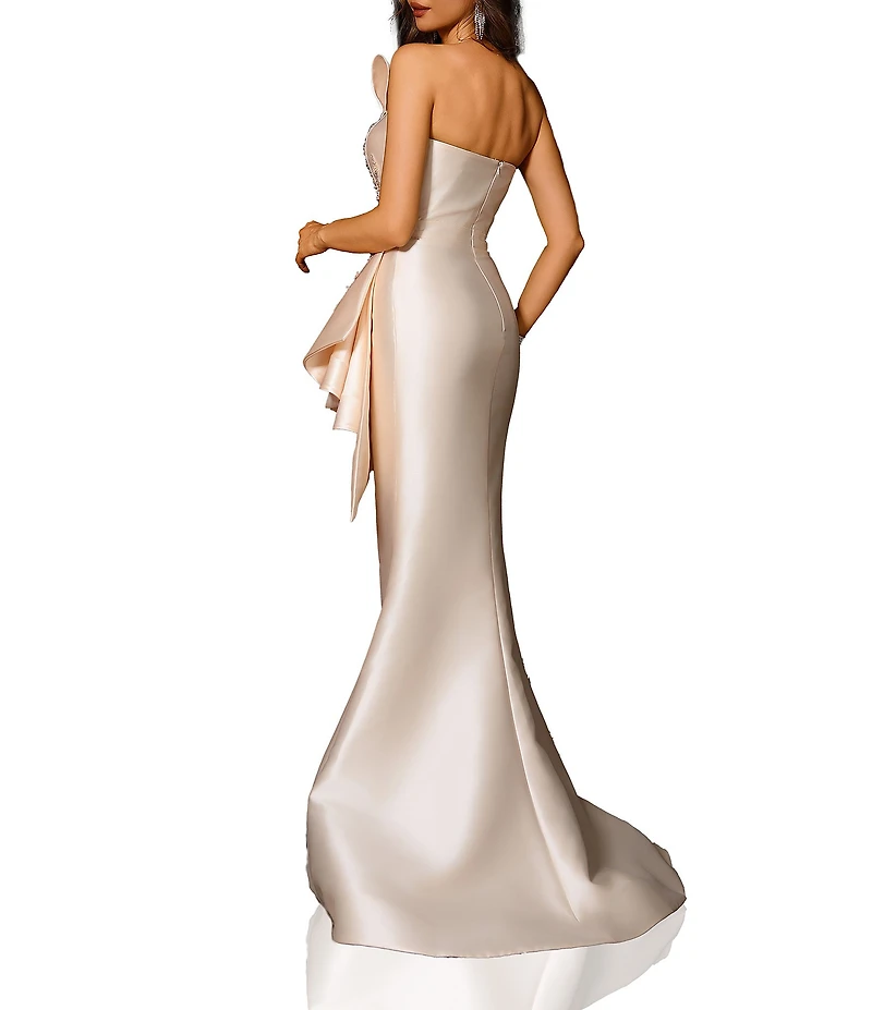 Terani Couture Strapless Beaded Bow Detail Mikado Mermaid Gown