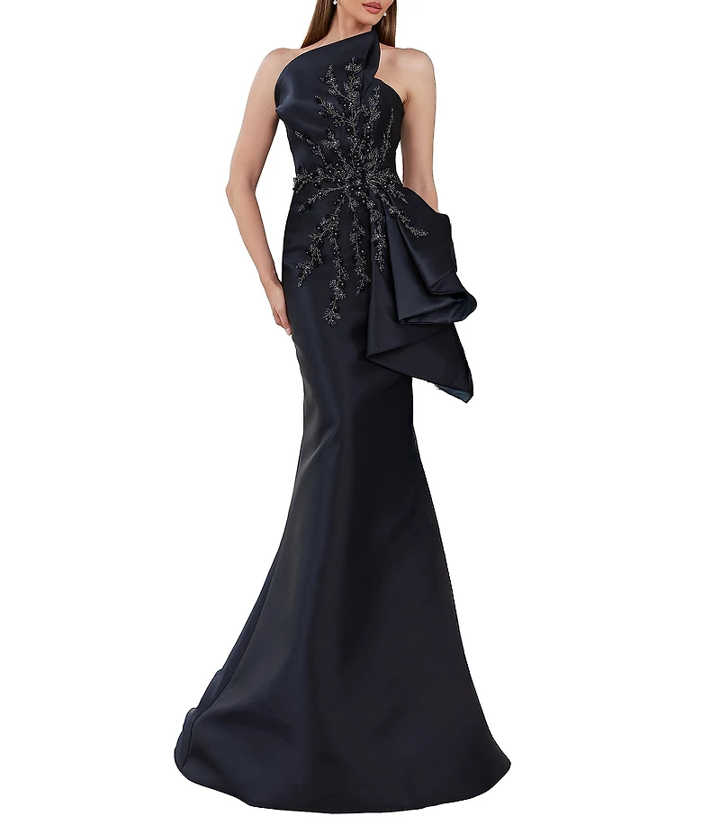 Terani Couture Strapless Beaded Bow Detail Mikado Mermaid Gown