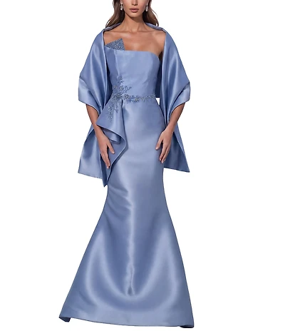 Terani Couture Strapless Beaded Mikado Gown With Shawl