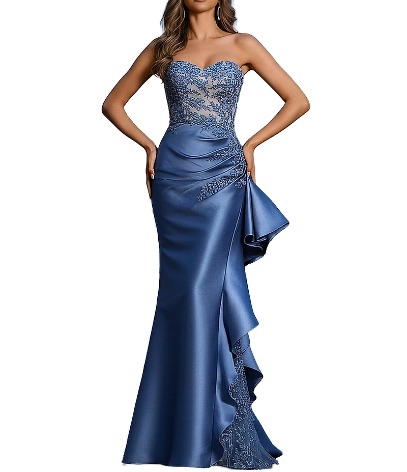 Terani Couture Strapless Lace Bodice Long Dress With Side Ruffle