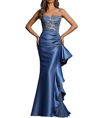 Terani Couture Strapless Lace Bodice Long Dress With Side Ruffle