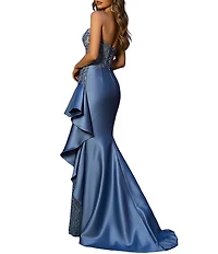 Terani Couture Strapless Lace Bodice Long Dress With Side Ruffle