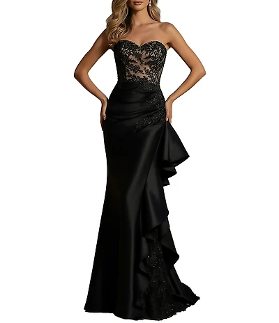 Terani Couture Strapless Lace Bodice Long Dress With Side Ruffle