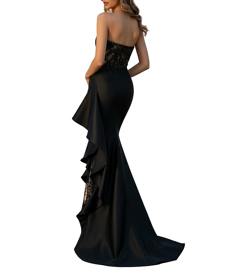 Terani Couture Strapless Lace Bodice Long Dress With Side Ruffle