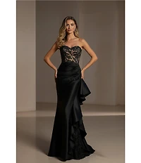 Terani Couture Strapless Lace Bodice Long Dress With Side Ruffle