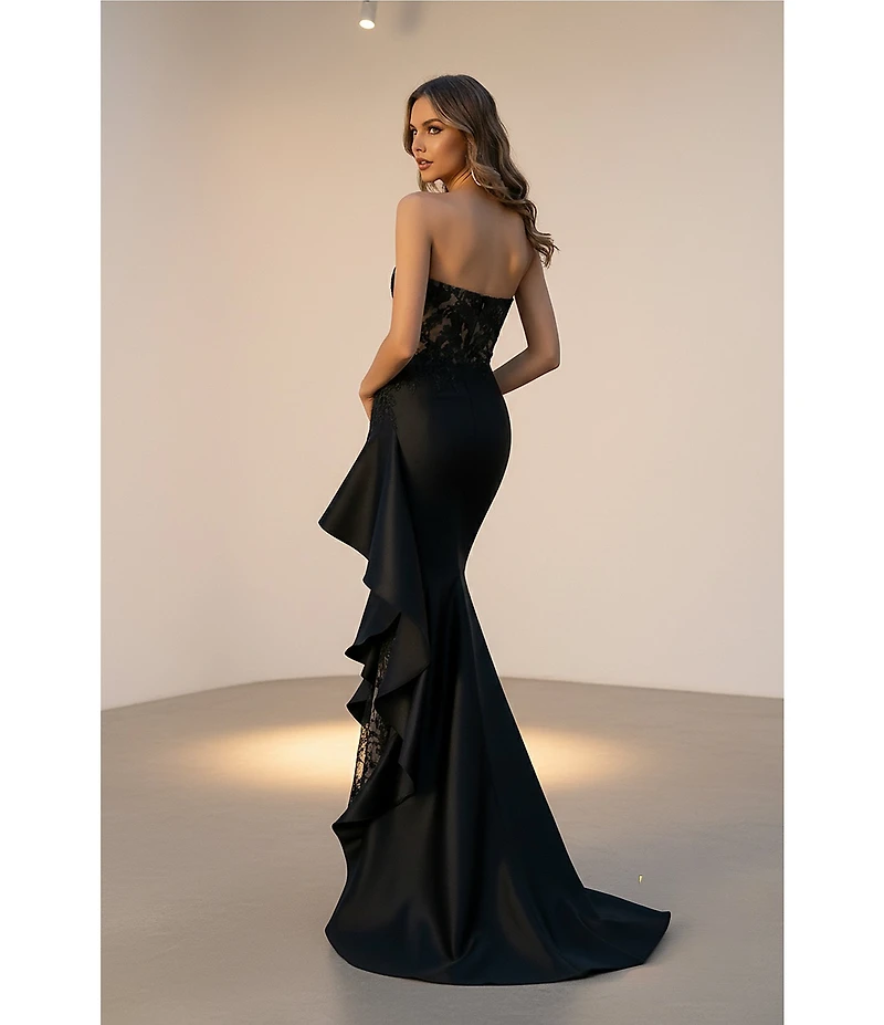 Terani Couture Strapless Lace Bodice Long Dress With Side Ruffle