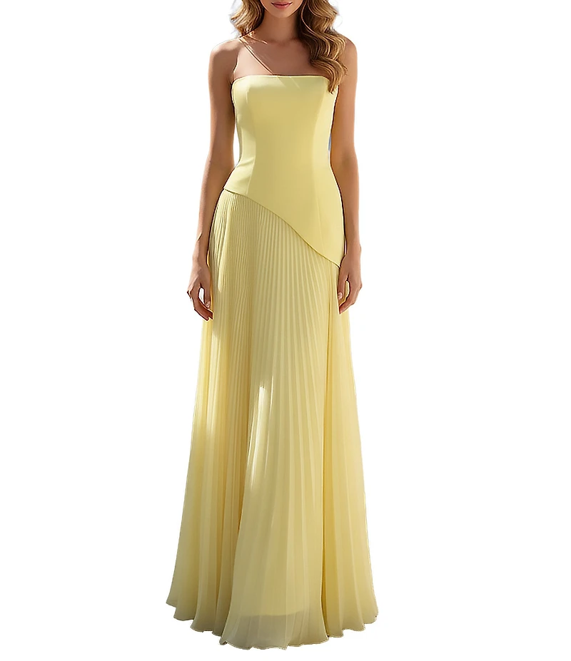 Terani Couture Strapless Long Dress With Asymmetrical Waistline With Pleated Skirt