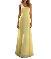 Terani Couture Strapless Long Dress With Asymmetrical Waistline With Pleated Skirt