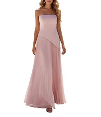 Terani Couture Strapless Long Dress With Asymmetrical Waistline With Pleated Skirt