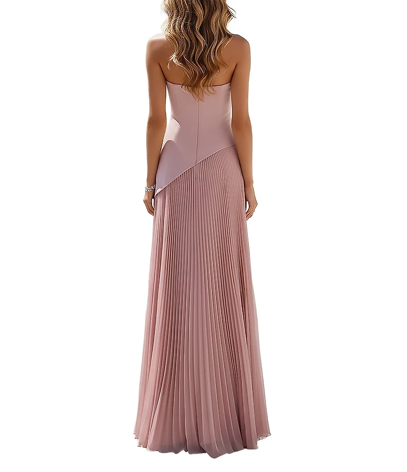 Terani Couture Strapless Long Dress With Asymmetrical Waistline With Pleated Skirt
