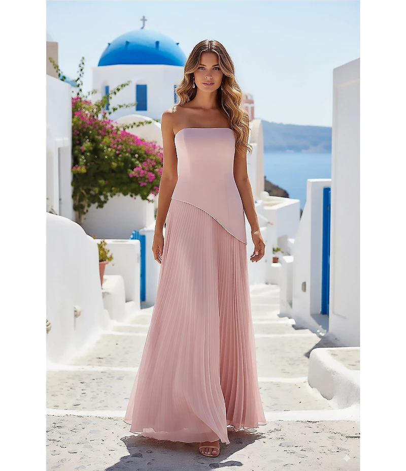 Terani Couture Strapless Long Dress With Asymmetrical Waistline With Pleated Skirt