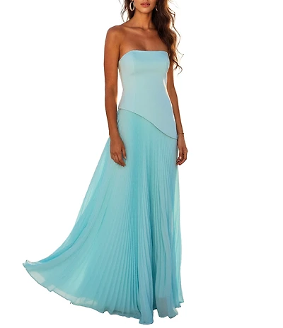 Terani Couture Strapless Long Dress With Asymmetrical Waistline With Pleated Skirt