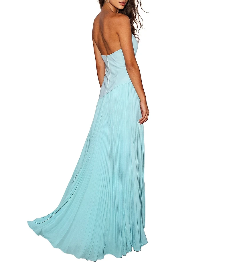 Terani Couture Strapless Long Dress With Asymmetrical Waistline With Pleated Skirt