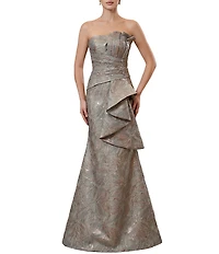 Terani Couture Strapless Metallic Jacquard Gown