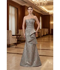 Terani Couture Strapless Metallic Jacquard Gown