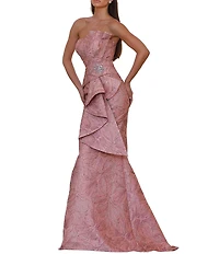 Terani Couture Strapless Metallic Jacquard Gown