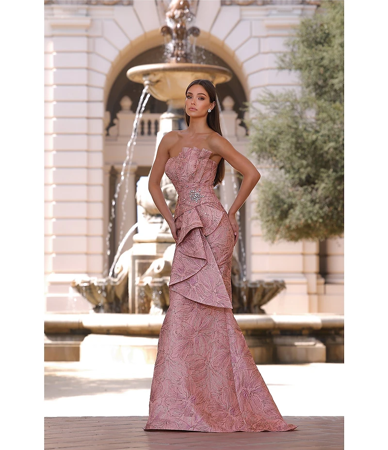 Terani Couture Strapless Metallic Jacquard Gown