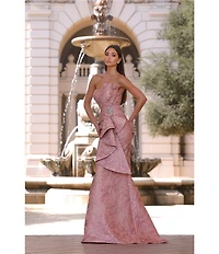 Terani Couture Strapless Metallic Jacquard Gown