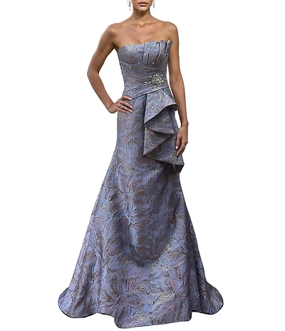 Terani Couture Strapless Metallic Jacquard Gown