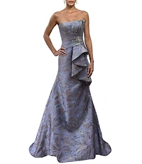 Terani Couture Strapless Metallic Jacquard Gown