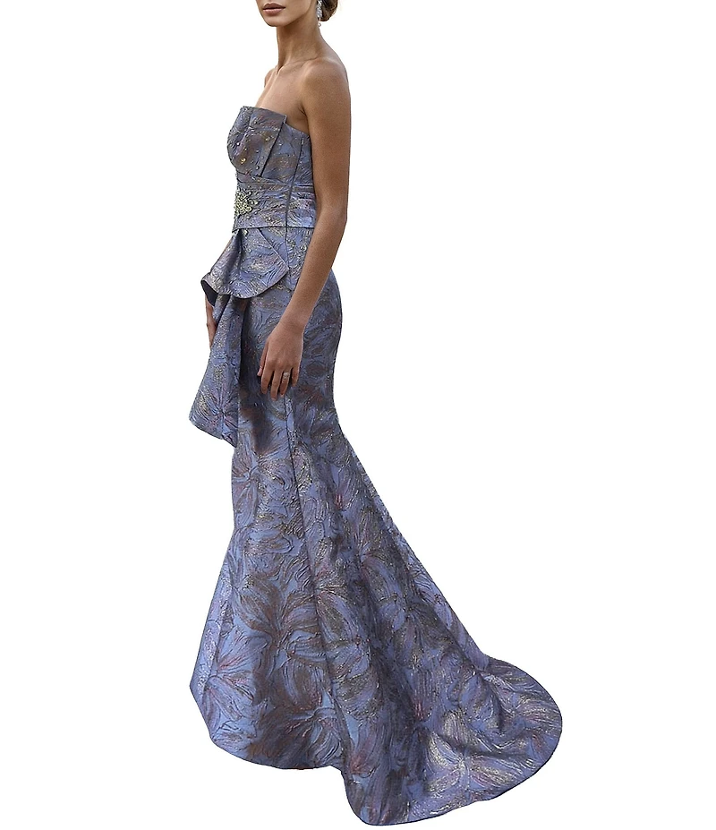 Terani Couture Strapless Metallic Jacquard Gown