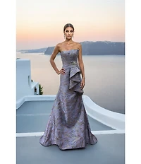 Terani Couture Strapless Metallic Jacquard Gown