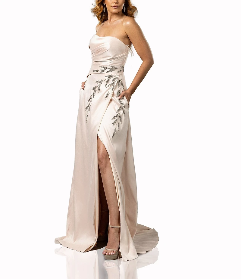 Terani Couture Strapless Ruched Satin Beaded Leaf A-Line Gown