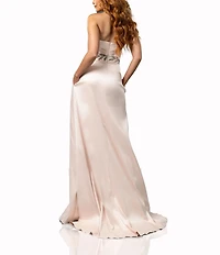 Terani Couture Strapless Ruched Satin Beaded Leaf A-Line Gown