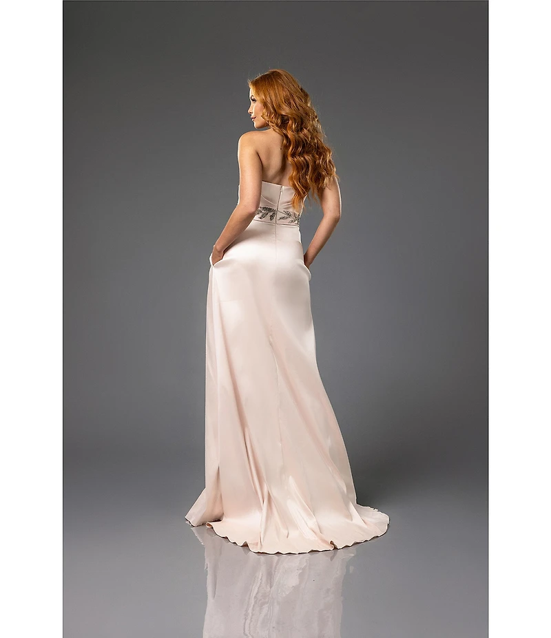Terani Couture Strapless Ruched Satin Beaded Leaf A-Line Gown