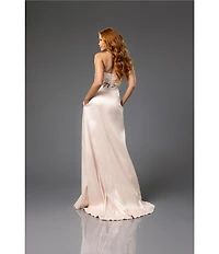Terani Couture Strapless Ruched Satin Beaded Leaf A-Line Gown