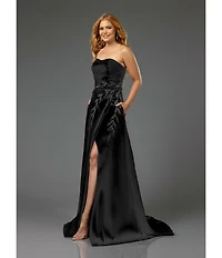 Terani Couture Strapless Ruched Satin Beaded Leaf A-Line Gown