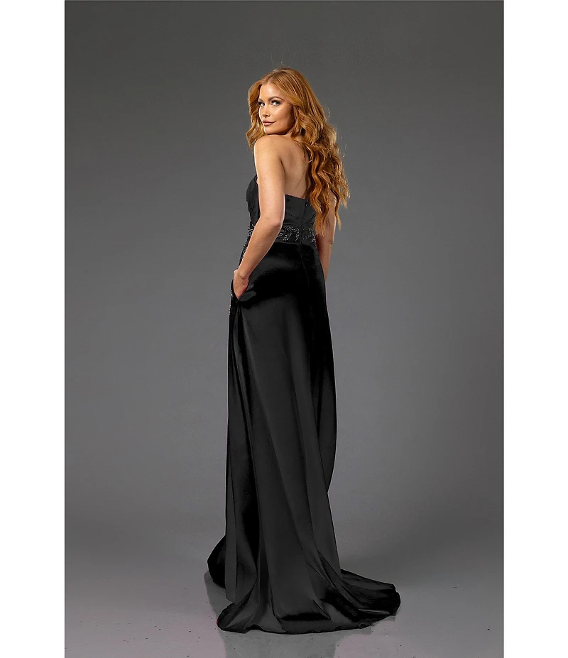 Terani Couture Strapless Ruched Satin Beaded Leaf A-Line Gown
