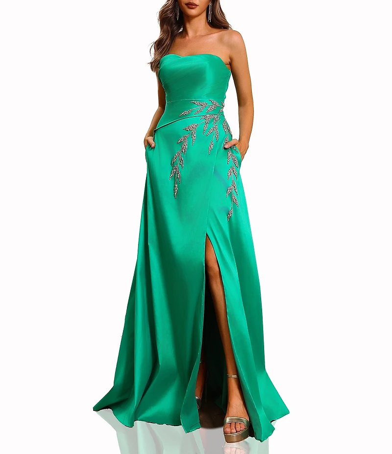 Terani Couture Strapless Ruched Satin Beaded Leaf A-Line Gown