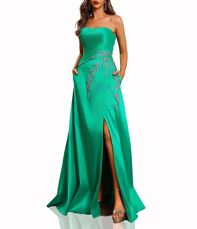 Terani Couture Strapless Ruched Satin Beaded Leaf A-Line Gown