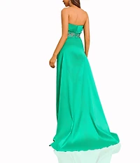 Terani Couture Strapless Ruched Satin Beaded Leaf A-Line Gown