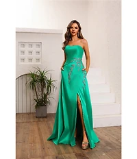 Terani Couture Strapless Ruched Satin Beaded Leaf A-Line Gown
