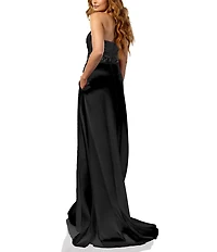 Terani Couture Strapless Ruched Satin Beaded Leaf A-Line Gown