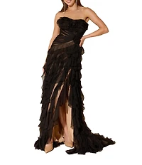 Terani Couture Strapless Ruffle Chiffon Gown