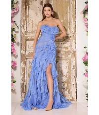 Terani Couture Strapless Ruffle Chiffon Gown